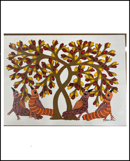 Happy under a tree-gond art